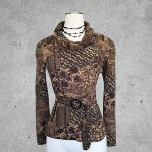 Rare 2000s Y2K Rebound Brown Abstract Print Paisley Cowl Neck Blouse w/ Belt- M